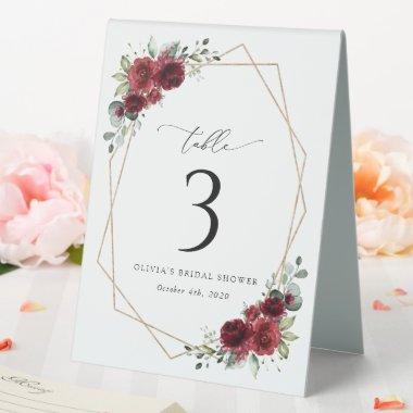Burgundy Flowers, Red Flowers, Table Numbers Table Tent Sign