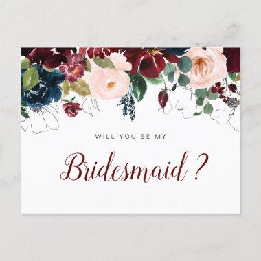 burgundy flowers will you be my Bridesmaid Invitations