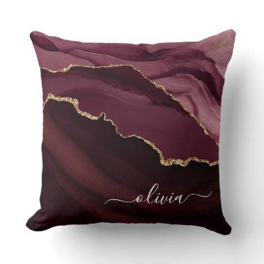 Burgundy Gold Agate Geode Gold Monogram Throw Pillow