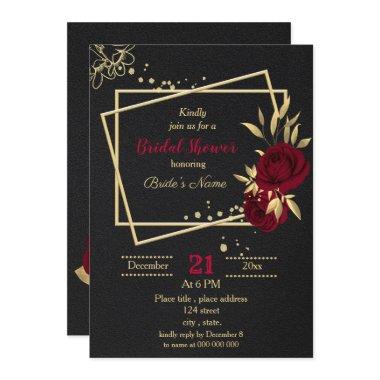 burgundy gold floral black bridal shower Invitations