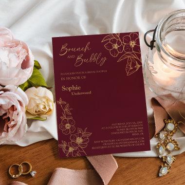 Burgundy Gold Floral Bridal Brunch And Bubbly Invitations