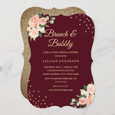 Burgundy Gold Floral Confetti Brunch and Bubbly Invitations