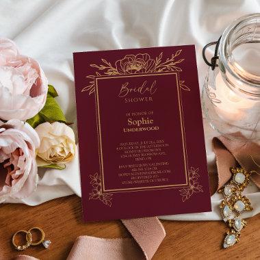 Burgundy Gold Floral Simple Wedding Bridal Shower Invitations