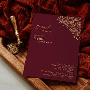 Burgundy Gold Floral Wedding Bridal Shower Invitations