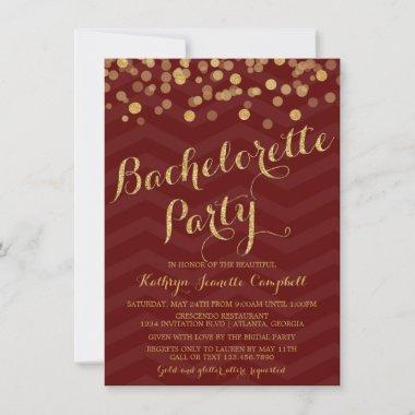 Burgundy Gold Glitter Confetti Bachelorette Party Invitations