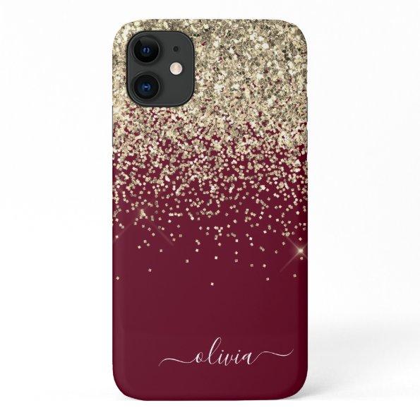 Burgundy Gold Glitter Girly Monogram Glam iPhone 11 Case