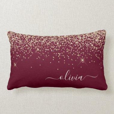 Burgundy Gold Glitter Girly Monogram Glam Lumbar Pillow