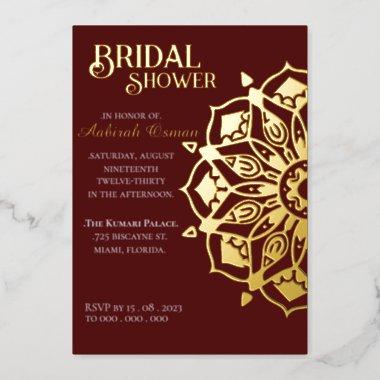 Burgundy Gold Indian Henna Mandala Bridal Shower Foil Invitations