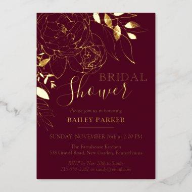 Burgundy & Gold Modern Floral Peony Bridal Shower Foil Invitations