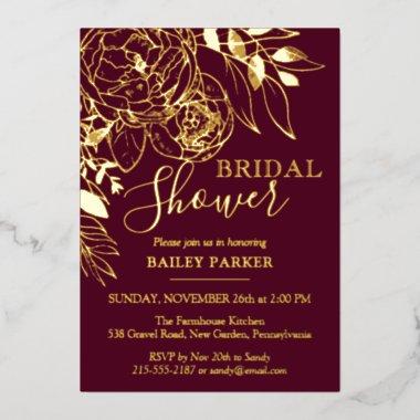 Burgundy & Gold Modern Floral Peony  Foil