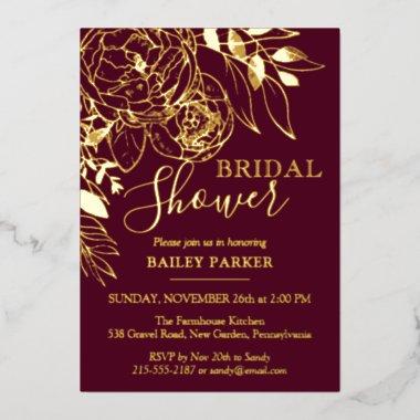 Burgundy & Gold Modern Floral Peony Bridal Shower Foil Invitations