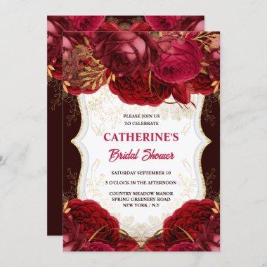 Burgundy gold rose watercolor bridal shower chic Invitations
