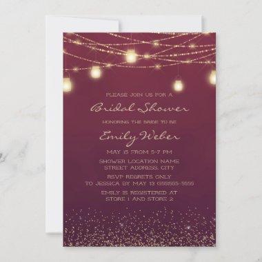 Burgundy Gold String Lights Lanterns Bridal Shower Invitations