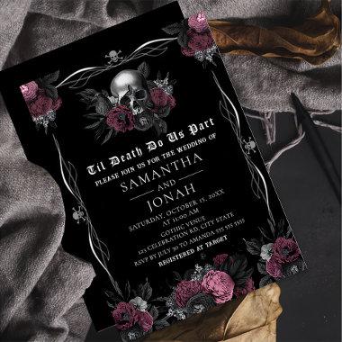 Burgundy Gothic Floral Skull Halloween Wedding Invitations