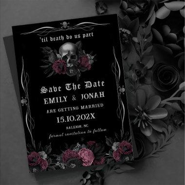 Burgundy Gothic Floral Skull wedding Save The Date Invitations