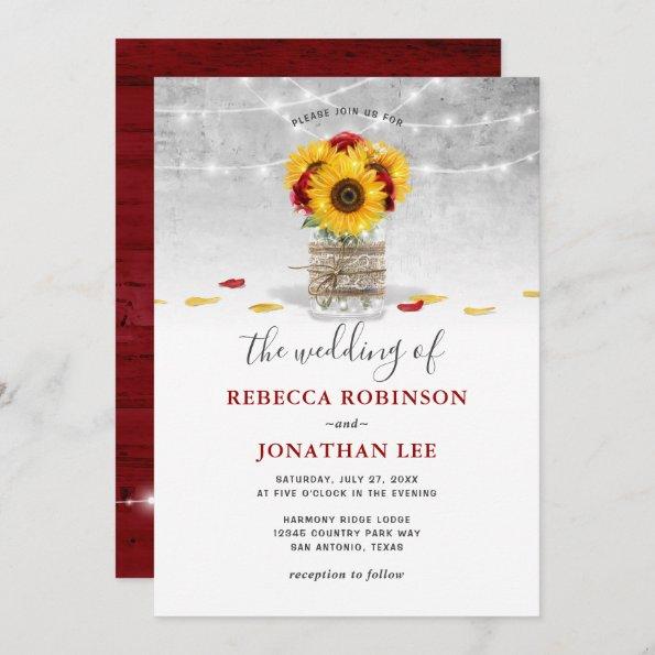 Burgundy Gray Red Rose Sunflower Rustic Wedding Invitations