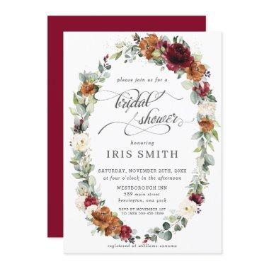 Burgundy Ivory Rust Floral Wreath Bridal Shower Invitations