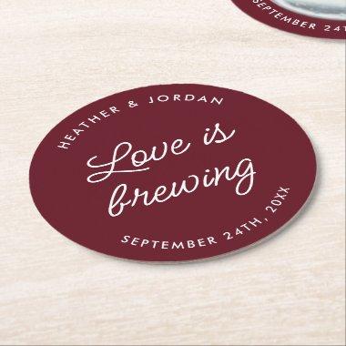 Burgundy Love Is Brewing Wedding Reception Round Paper Coaster