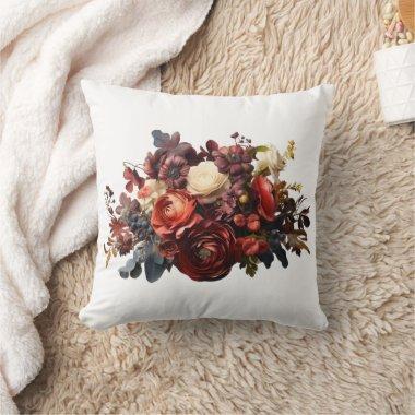 Burgundy Maroon Coral White Moody Floral Throw Pillow