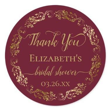 Burgundy Maroon Gold Lace Bridal Shower Thank You Classic Round Sticker