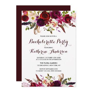 Burgundy Marsala Boho Floral Bachelorette Party Invitations