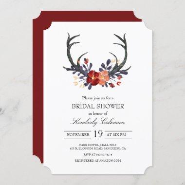 Burgundy Marsala Floral Antlers Bridal Shower Invitations