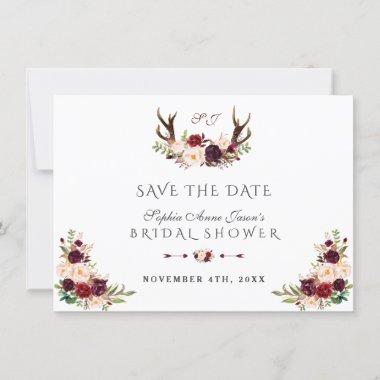 Burgundy Marsala Floral Antlers Bridal Shower Save The Date