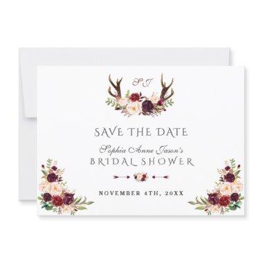 Burgundy Marsala Floral Antlers Bridal Shower Save The Date