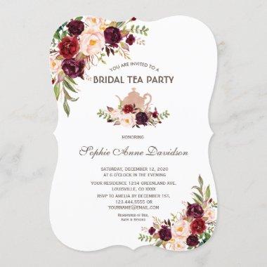 Burgundy Marsala Floral Bridal Shower Tea Party Invitations