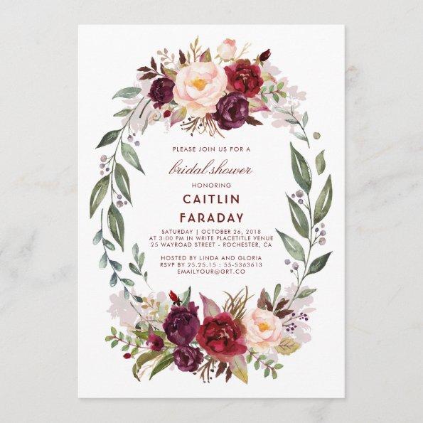 Burgundy - Marsala Floral Wreath Bridal Shower Invitations