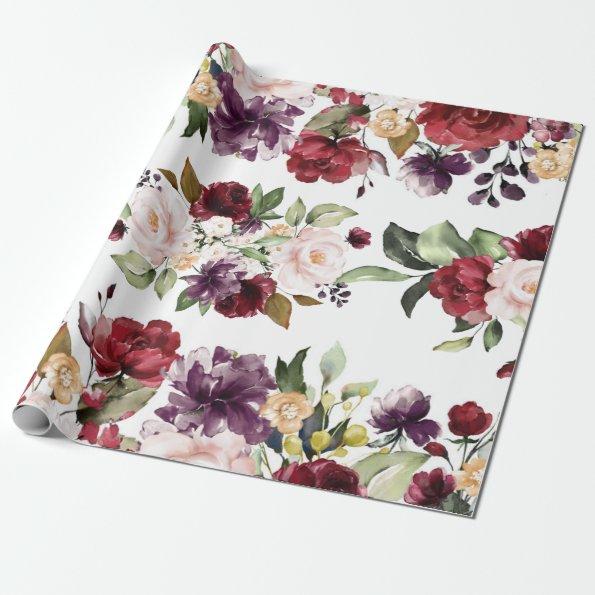 Burgundy Marsala Merlot Floral Watercolor Wedding Wrapping Paper