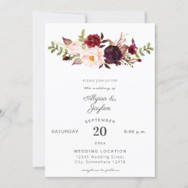 Burgundy Marsala Pink Floral Wedding 2 White Invitations