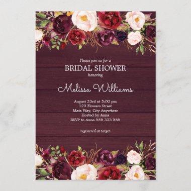 Burgundy Marsala Rustic Wood Country Bridal Shower Invitations