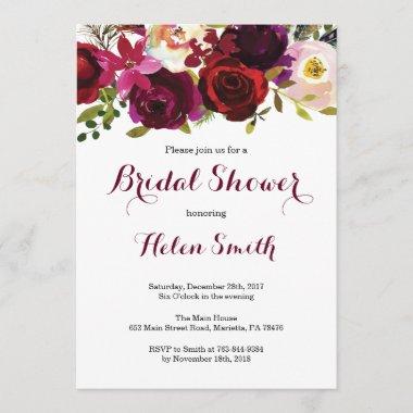 Burgundy Marsala Watercolor Floral Bridal Shower Invitations