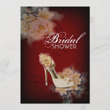 burgundy modern vintage peony floral bridal shower Invitations