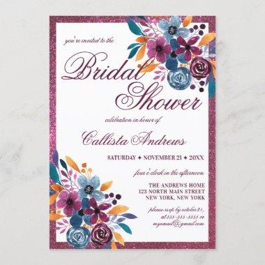Burgundy Mustard Watercolor Flowers Bridal Shower Invitations