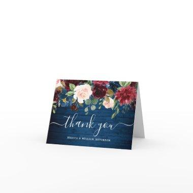 Burgundy Navy Blue Blush Floral Boho Thank You Invitations