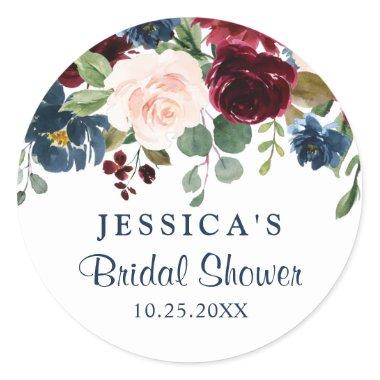Burgundy Navy Blue Blush Floral Bridal Shower Classic Round Sticker