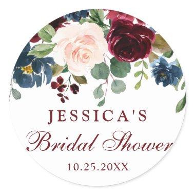 Burgundy Navy Blue Blush Floral  Classic Round Sticker