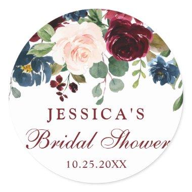 Burgundy Navy Blue Blush Floral Bridal Shower Classic Round Sticker