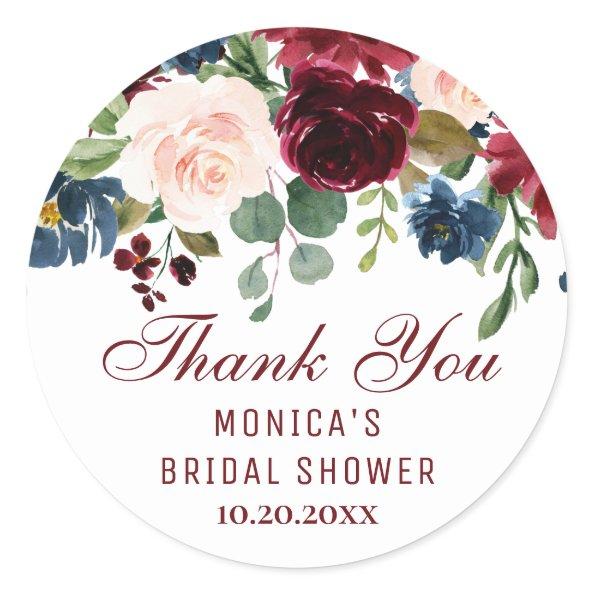 Burgundy Navy Blue Blush Floral Bridal Shower Classic Round Sticker