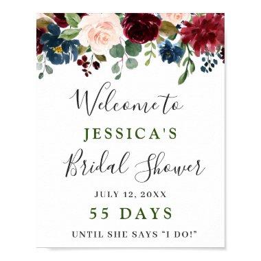 Burgundy Navy Blue Blush Floral Bridal Shower Poster