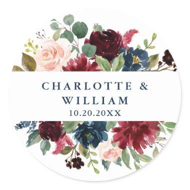 Burgundy Navy Blue Blush Floral Watercolor Wedding Classic Round Sticker