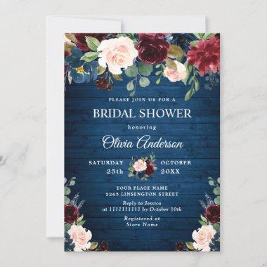Burgundy Navy Blue Blush Flowers BRIDAL SHOWER Invitations