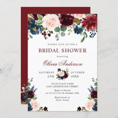 Burgundy Navy Blue Blush Flowers BRIDAL SHOWER Invitations