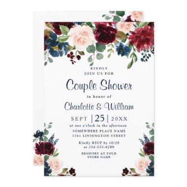 Burgundy Navy Blue Blush Flowers COUPLE SHOWER Invitations