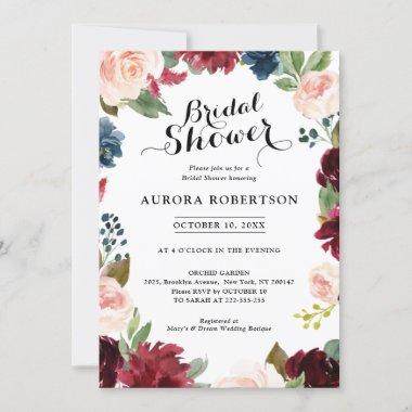 Burgundy Navy Blue Blush Rose Boho Bridal Shower Invitations