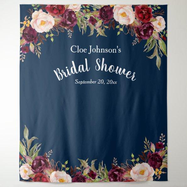 Burgundy Navy Blue Floral Bridal Shower Photo Prop Tapestry