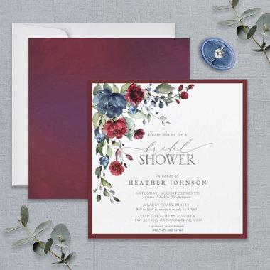 Burgundy Navy Blue Floral Watercolor Bridal Shower Invitations