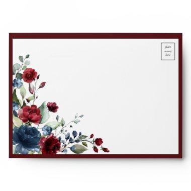 Burgundy Navy Blue Floral Watercolor Envelope